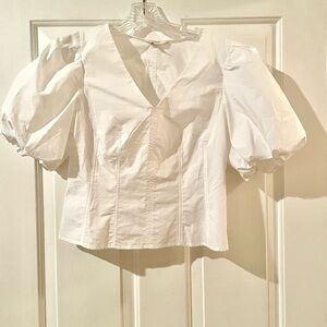 Banana Republic White V-Neck Puff-Sleeve Blouse